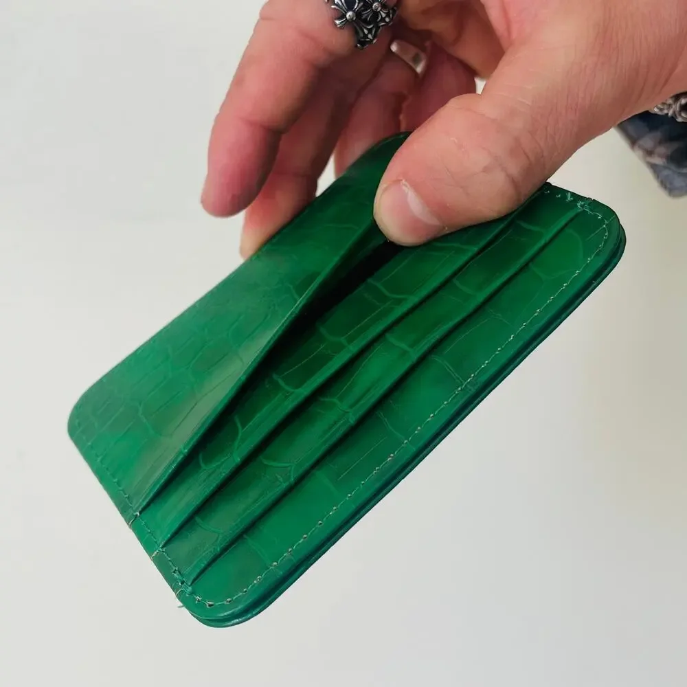 green vintage crocodile print both sided card holder